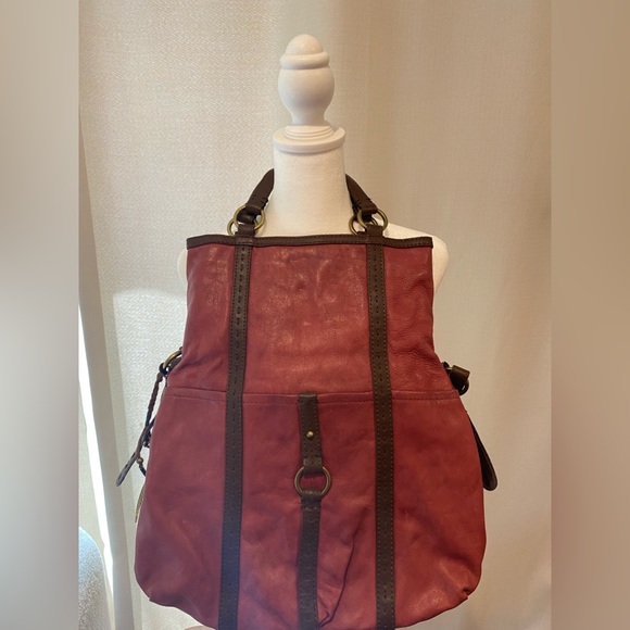 Lucky brand brown/burgundy shoulder satchel bag with stripped colored lining - Picture 4 of 12